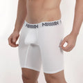 White men’s boxer briefs with gray waistband featuring million logo repeating pattern metro male wear core midcut 8023-00