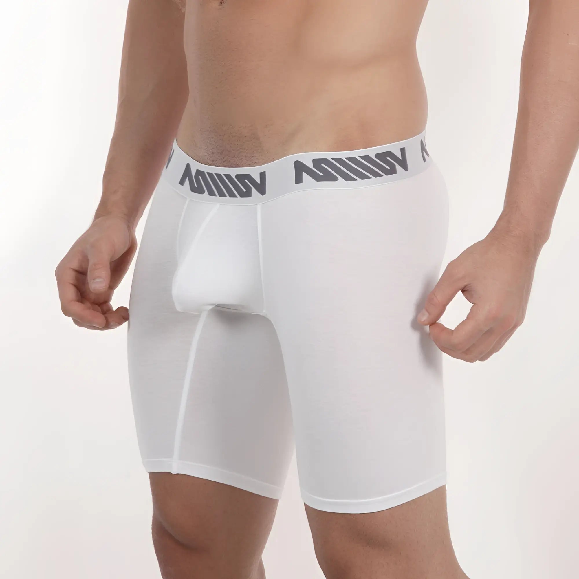 White men’s boxer briefs with gray waistband featuring million logo repeating pattern metro male wear core midcut 8023-00