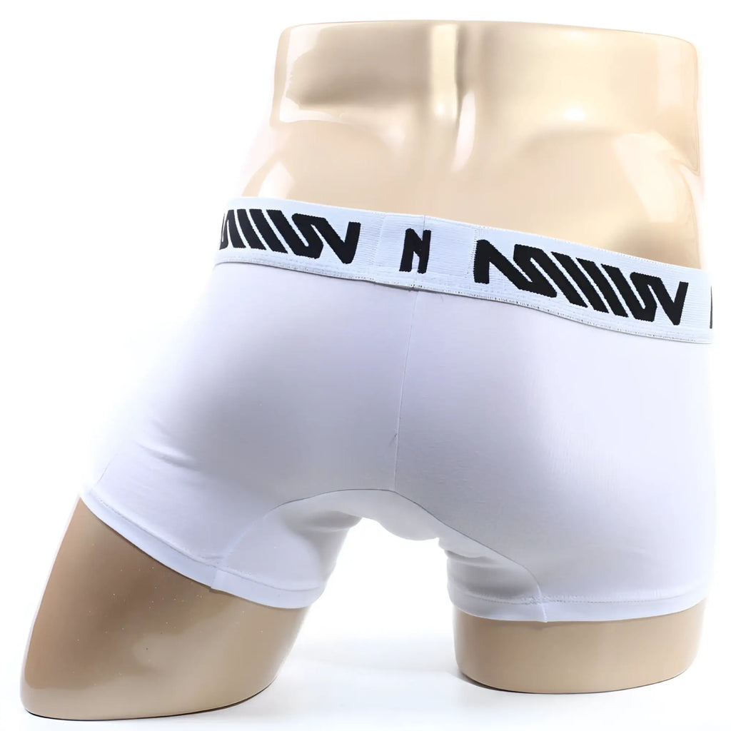 White mens briefs with a black logo waistband from metromalewear core short boxer white 7 inch 8022-00