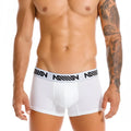 White mens boxer briefs with black and white patterned elastic waistband featuring metro male wear logo in core short style