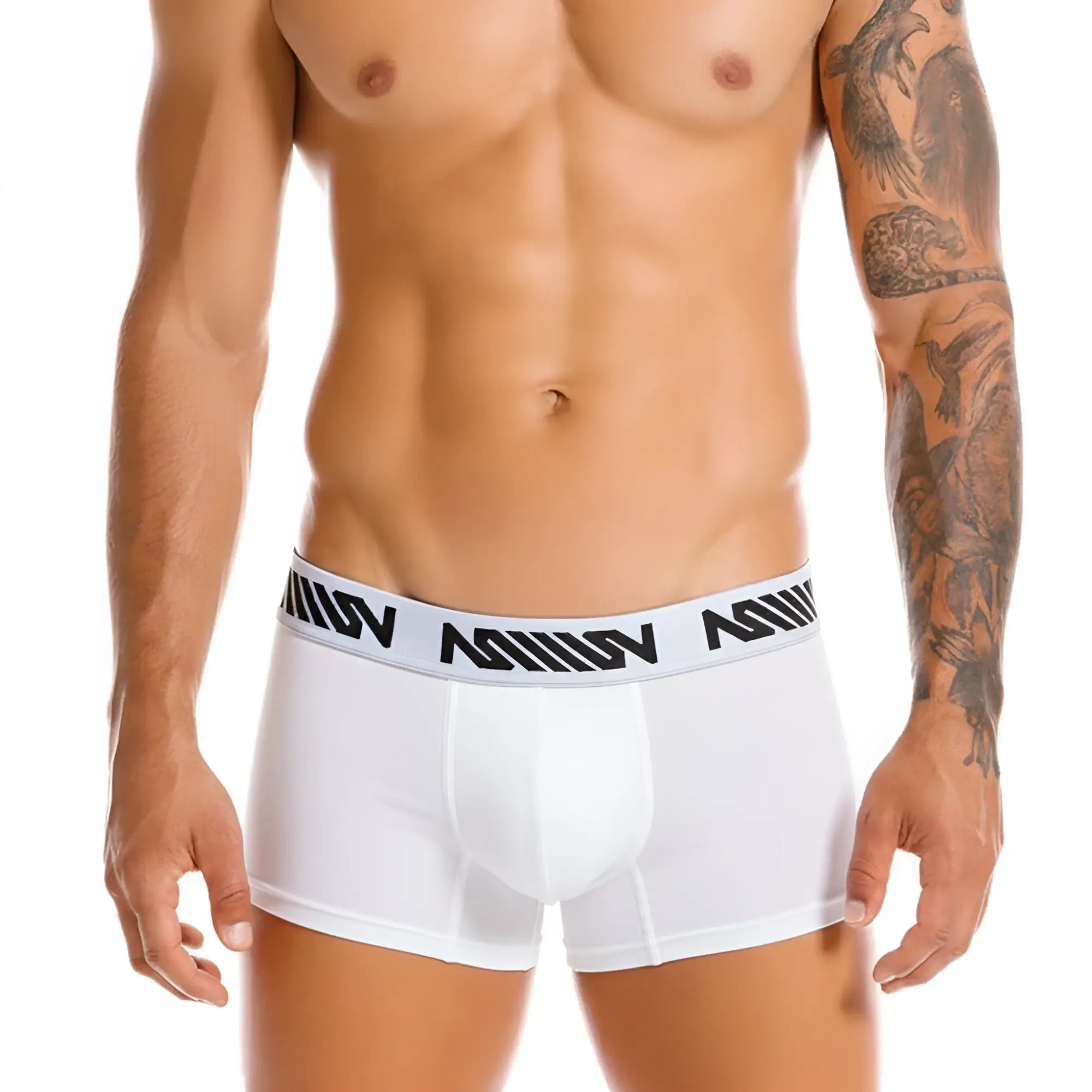 White mens boxer briefs with black and white patterned elastic waistband featuring metro male wear logo in core short style