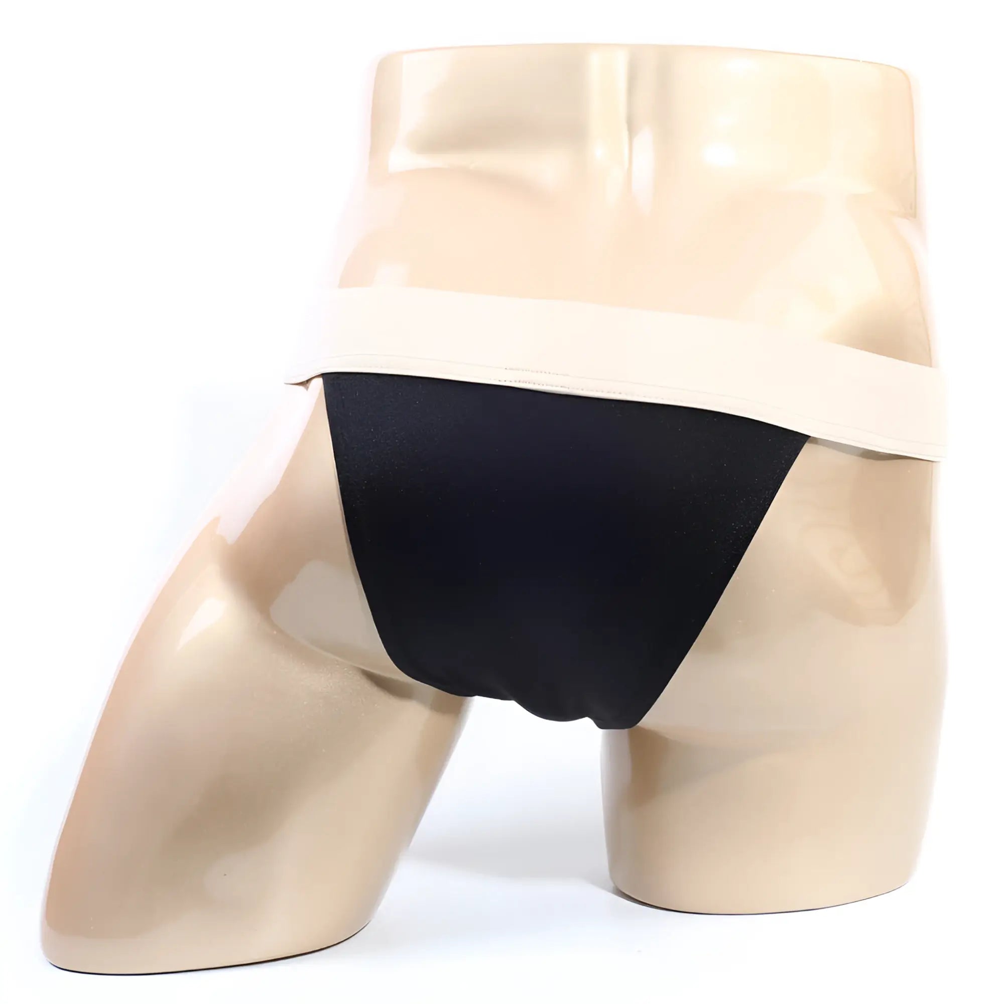 Black satin briefs with a wide beige waistband displayed on a mannequin metroMalewear Cosmos bikini black 1124-20