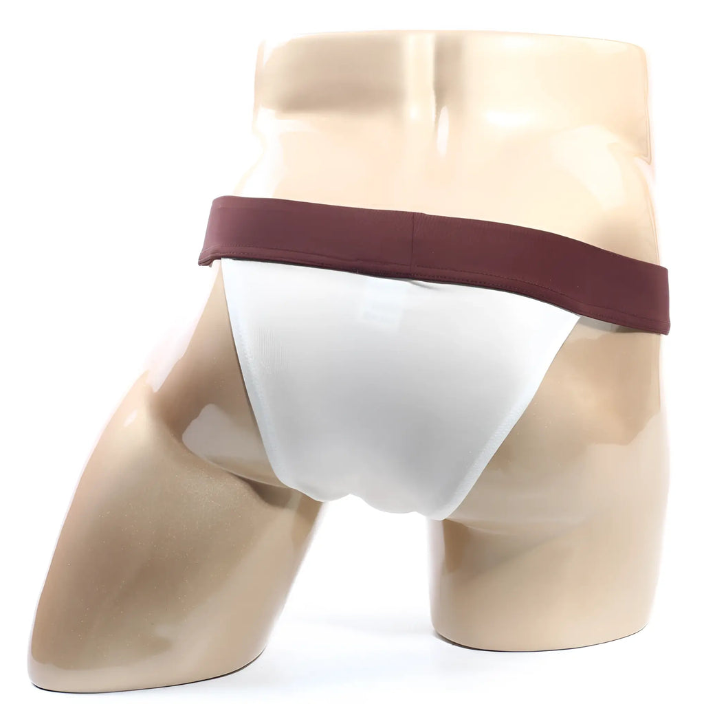 White athletic briefs with maroon waistband displayed on mannequin metro male wear cosmos bikini cream 1124-04