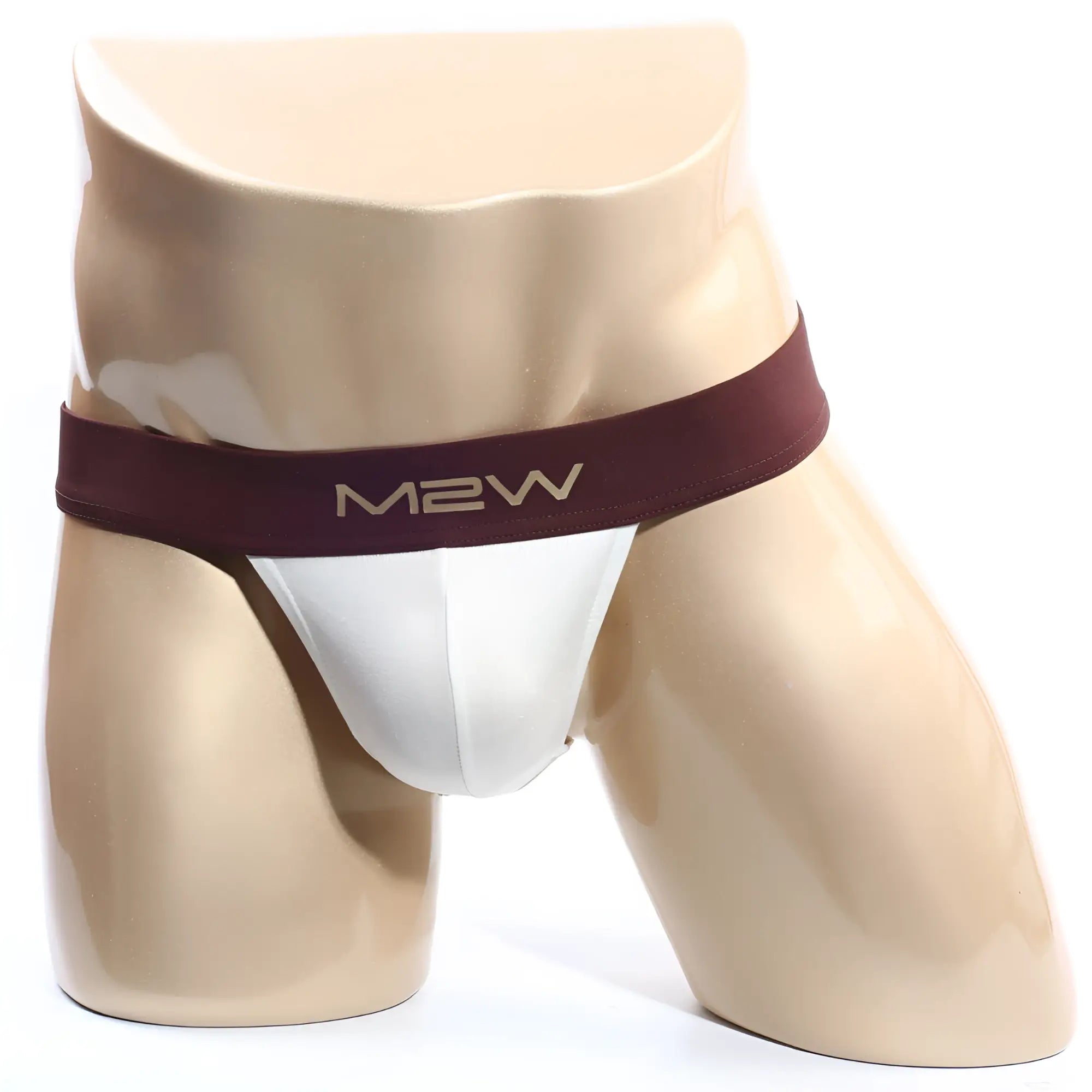 White m2w briefs with a maroon waistband metro malewear cosmos bikini cream 1124-04 front view