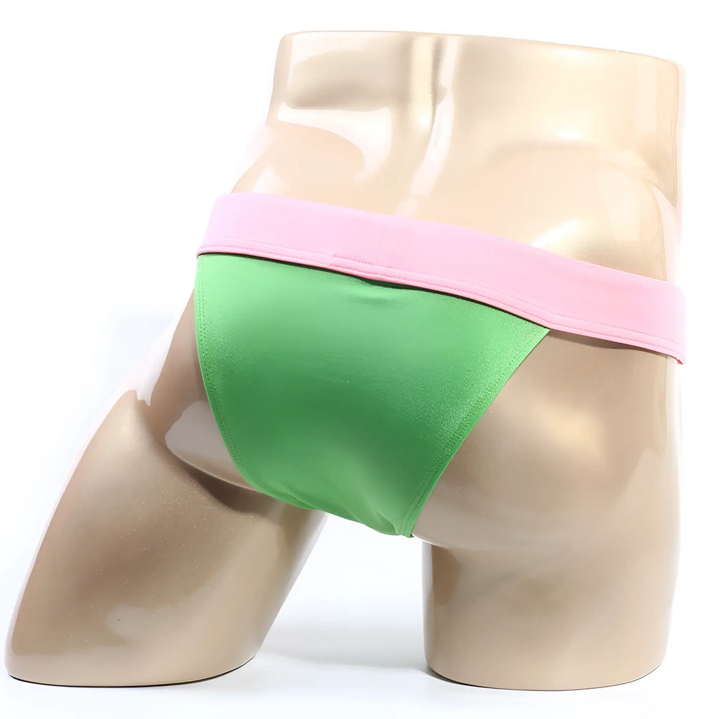 MetroMaleWear Cosmos bikini green satin briefs with a pink waistband for comfortable stylish wear