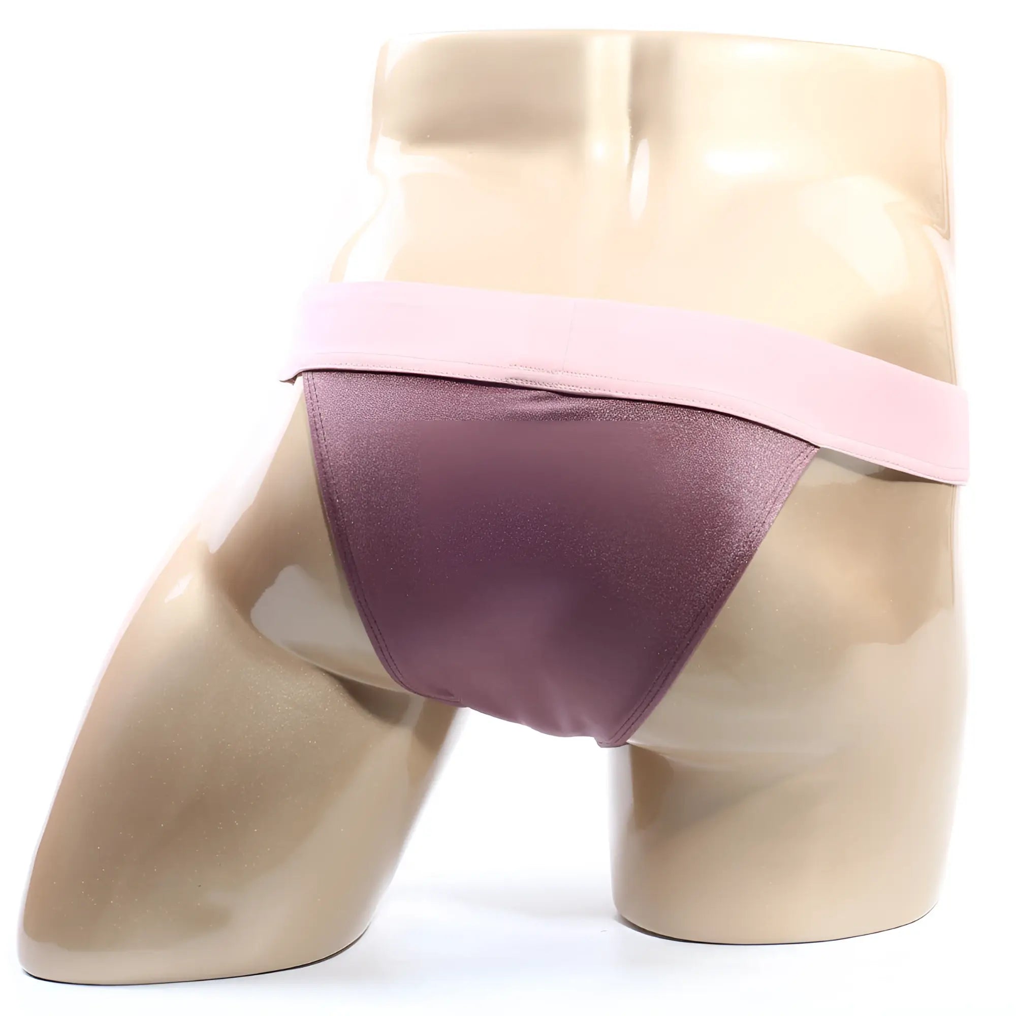 A shimmering mauve satin brief with a soft pink waistband from metromalewear cosmos bikini lilac 1124-02