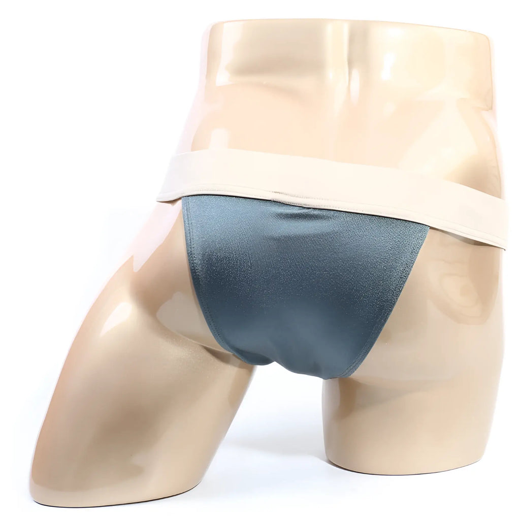 Dark teal satin MetroMaleWear Cosmos bikini briefs with wide beige waistband for stylish comfort