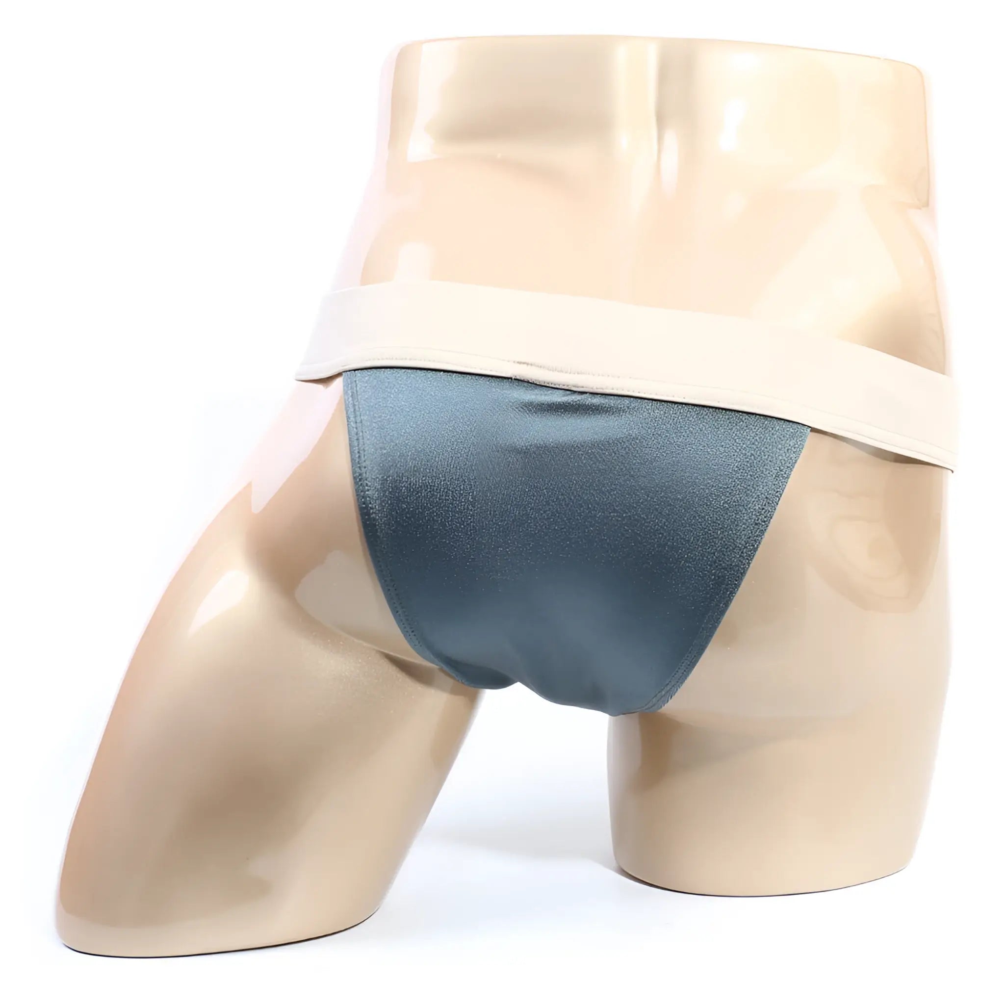 Dark teal satin MetroMaleWear Cosmos bikini briefs with wide beige waistband for stylish comfort
