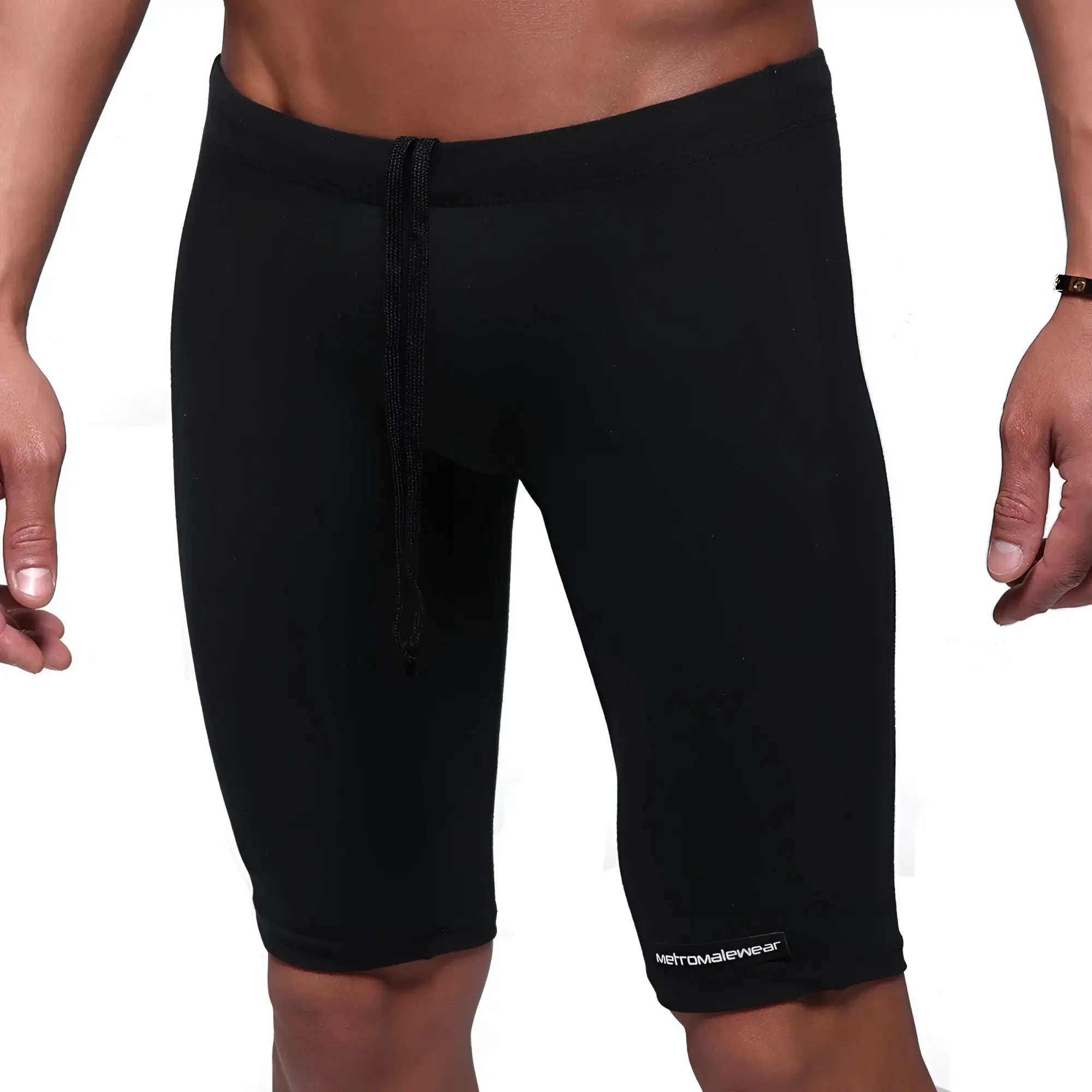 Black cotton biker shorts with drawstring waistband and metromalewear logo on the lower right leg