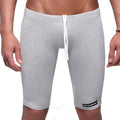 Gray heathered cotton athletic shorts with white drawstring and black metromalewear label on lower right leg
