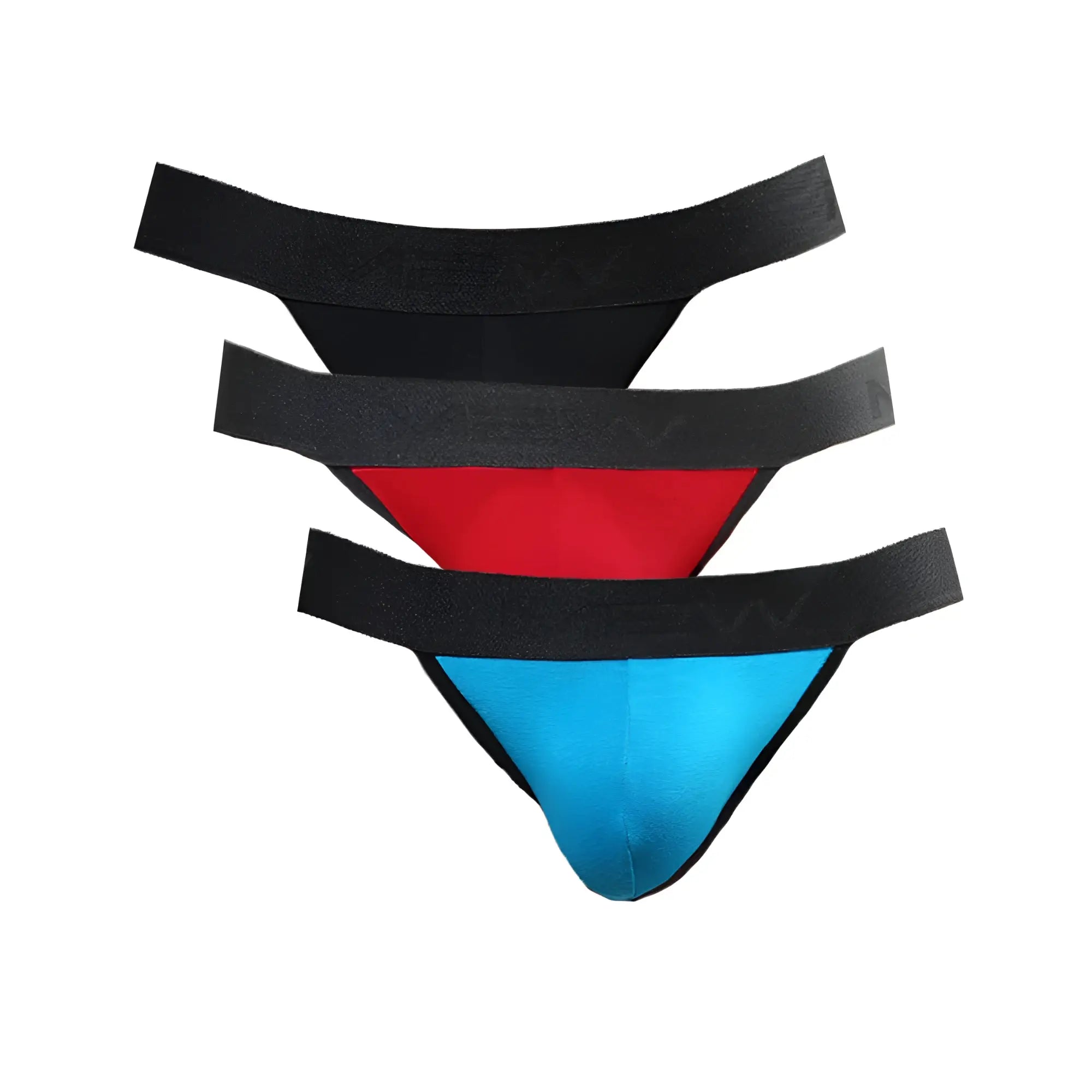 Set of three MetroMaleWear cotton bikini briefs in black red and blue with matching elastic waistbands
