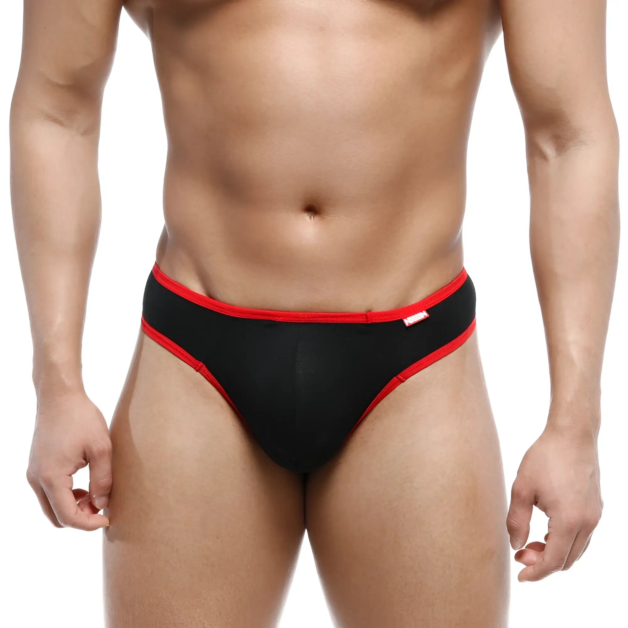 MetroMaleWear cotton half-bikini thong black with red trim showing front design and comfortable fit
