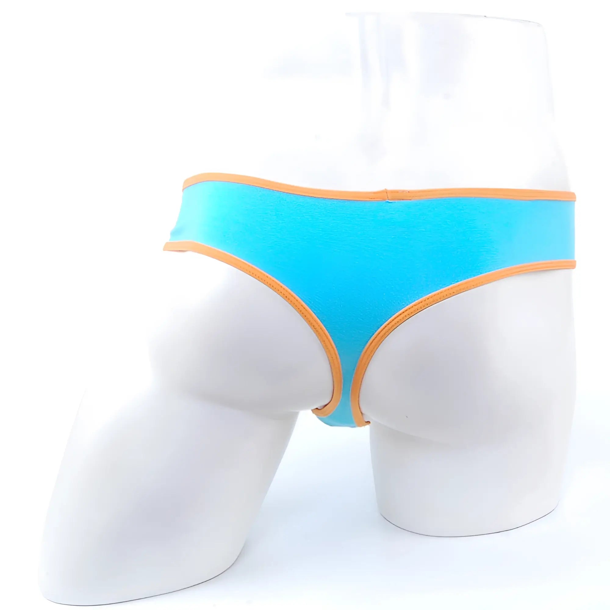 MetroMaleWear cotton half-bikini thong in bright turquoise with contrasting orange trim visible from the front