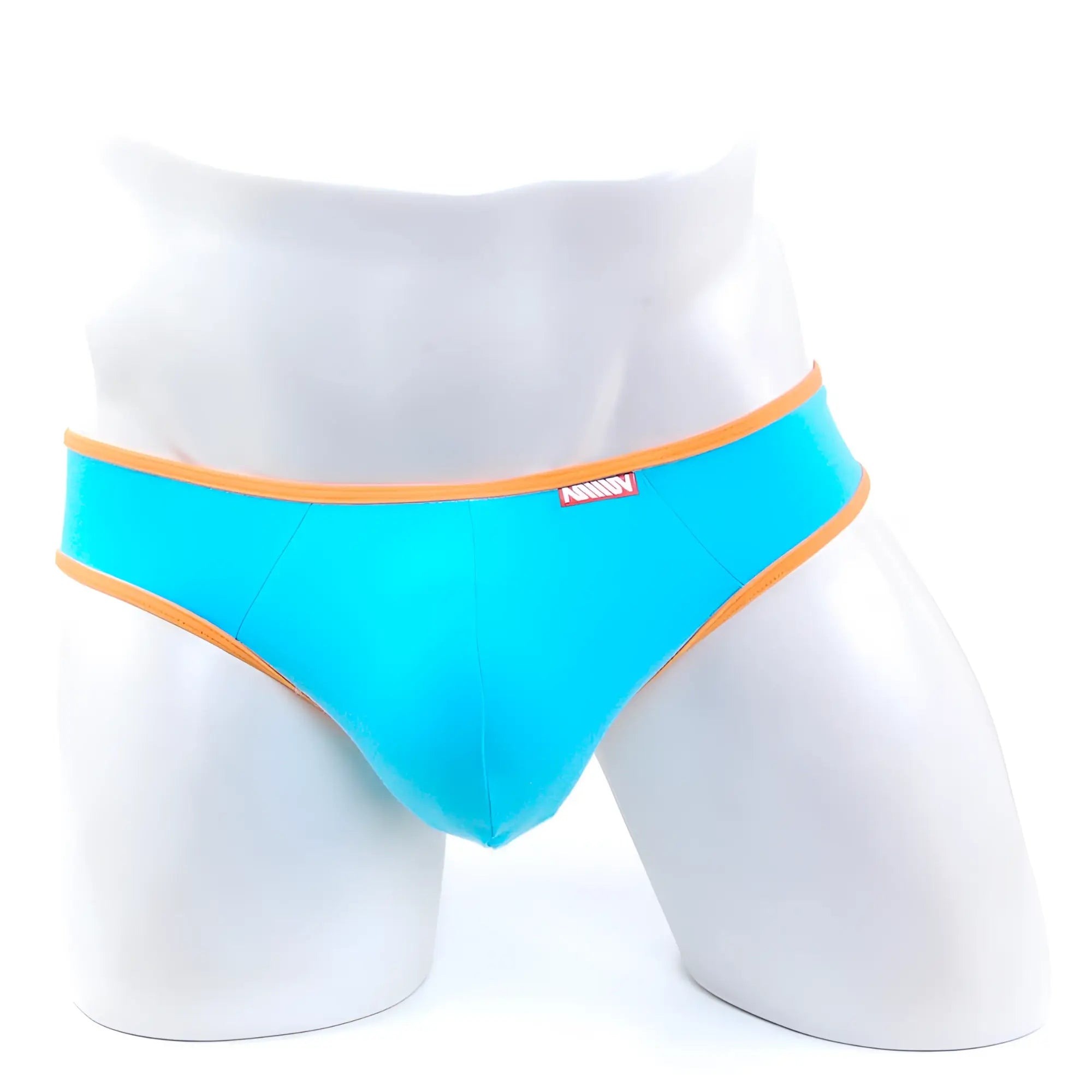 MetroMaleWear cotton half-bikini thong in bright turquoise with orange trim and red brand tag model 7002-08
