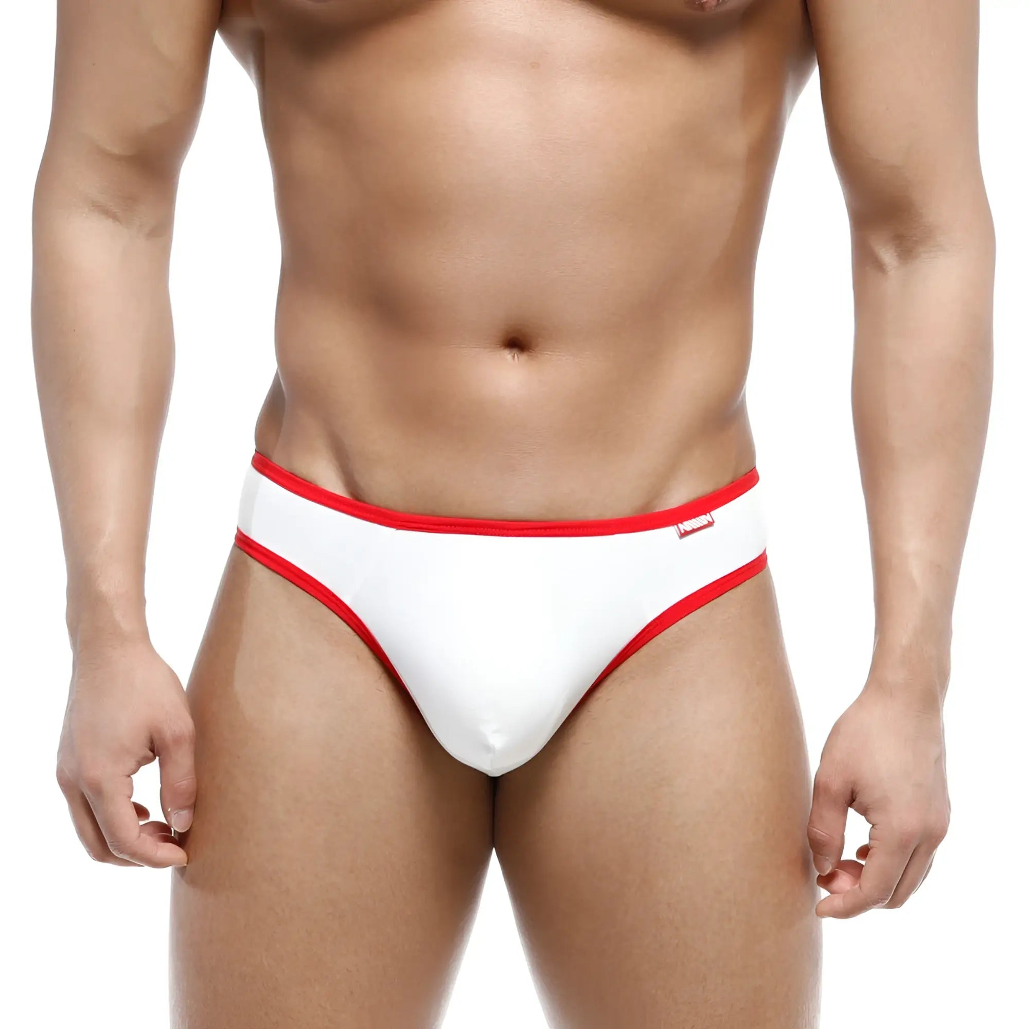 White briefs with red trim cotton half-bikini thong by metromalewear showing front side