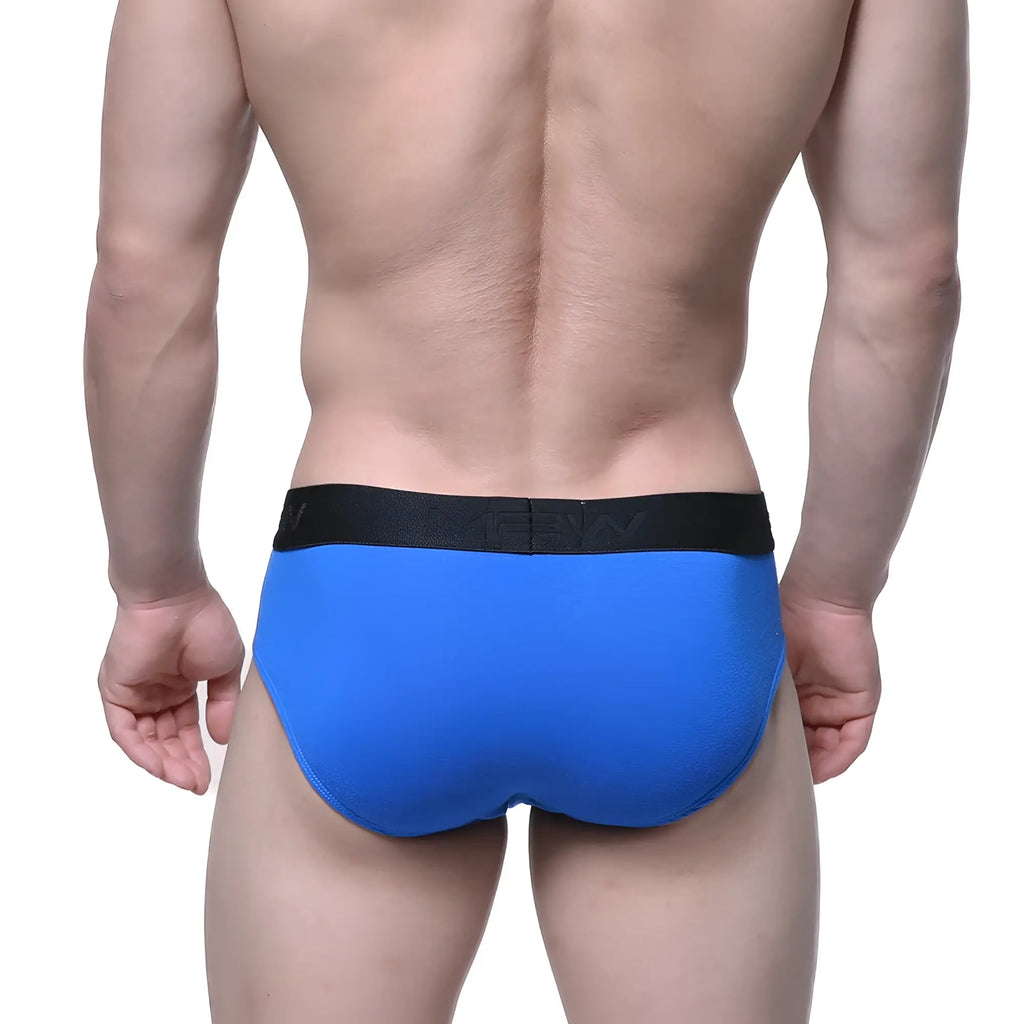 Bright blue cotton metro malewear hip briefs with black elastic waistband featuring the brand logo