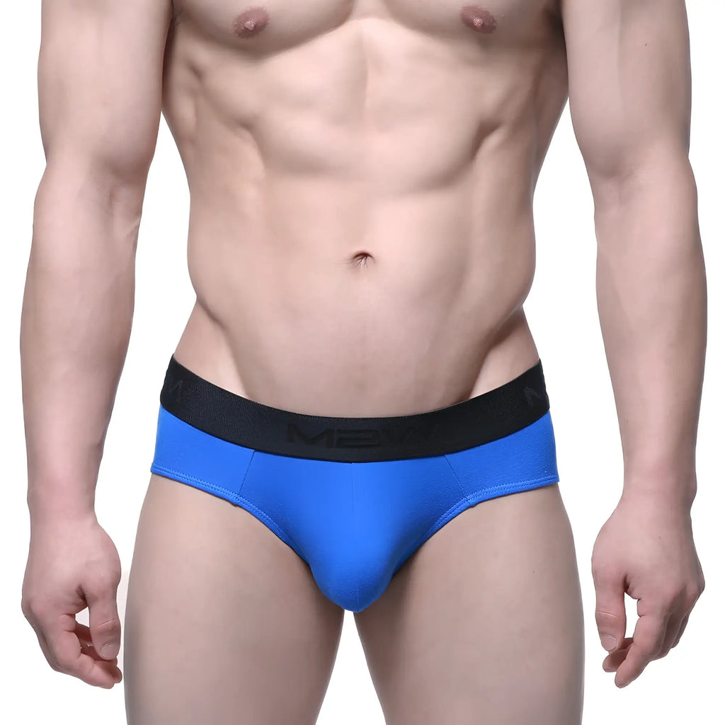 Bright blue MetroMaleWear cotton hip briefs with black elastic waistband featuring mexx logo in front view
