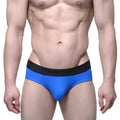 Bright blue MetroMaleWear cotton hip briefs with black elastic waistband featuring mexx logo in front view