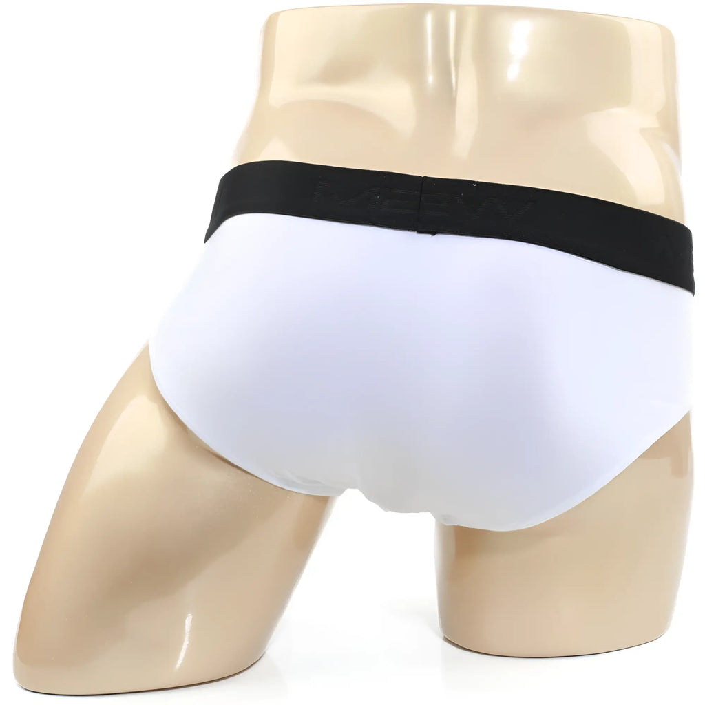 White cotton MetroMaleWear hip briefs with black elastic waistband featuring Meev brand logo in front view