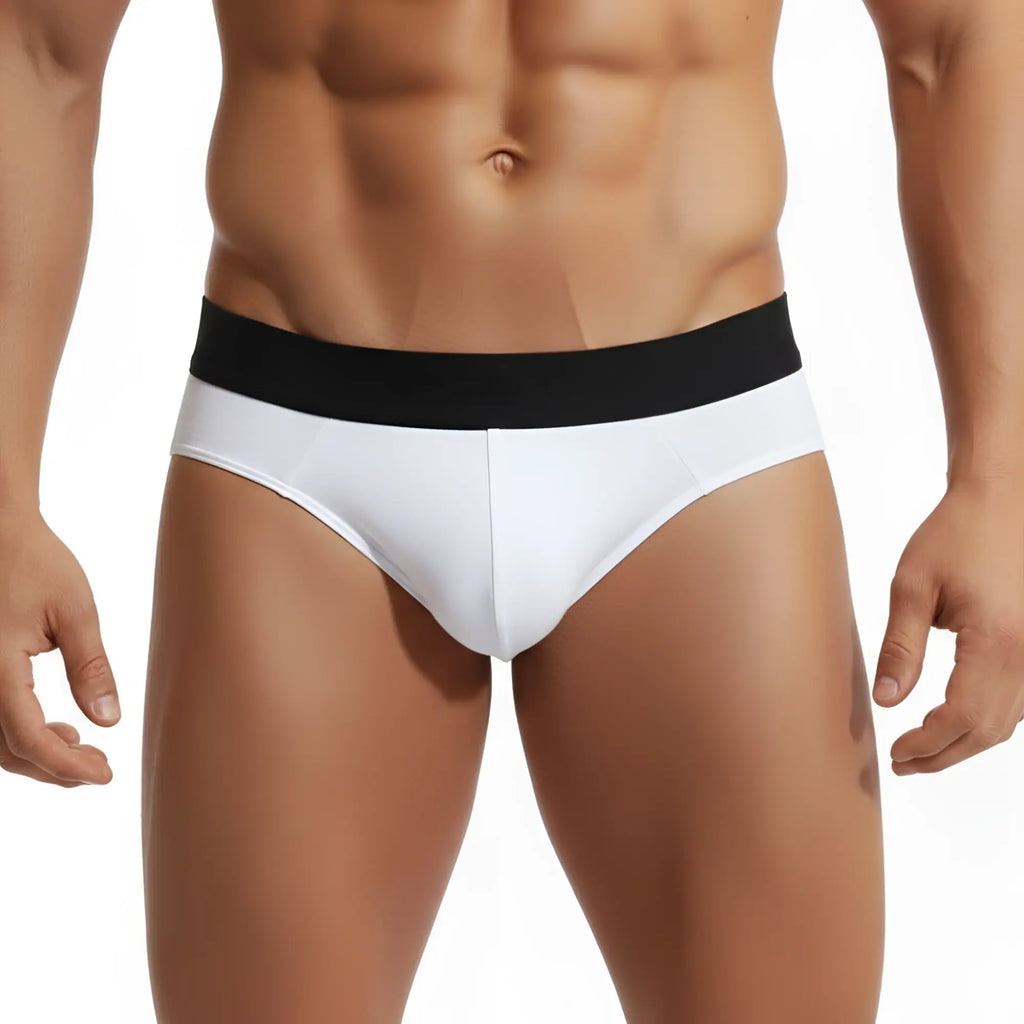 White cotton briefs with a black waistband metro male wear cotton hip brief cristalino 3006-02 front view