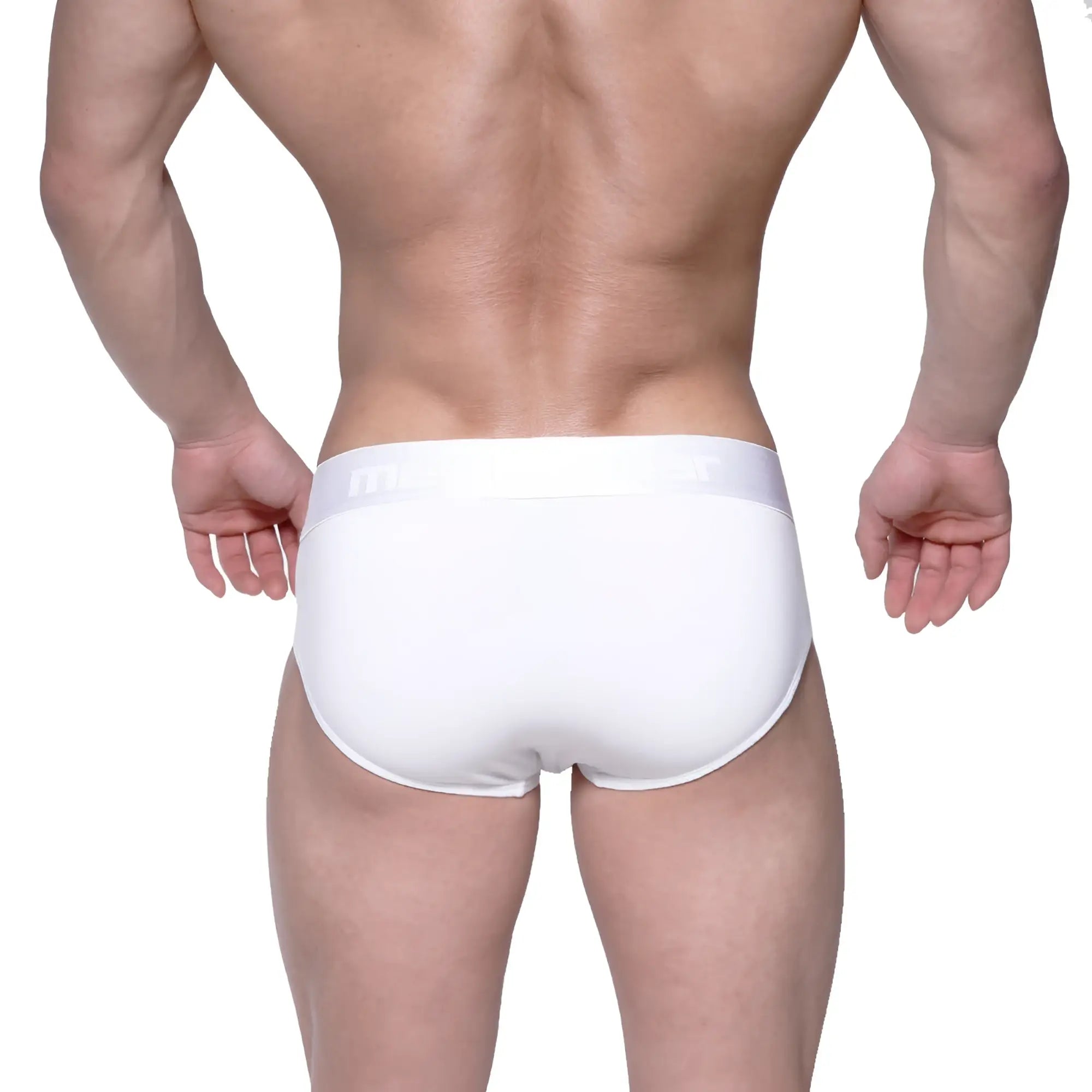 White mens cotton briefs with smooth form fitting design and subtle branding on the waistband metro malewear crystal