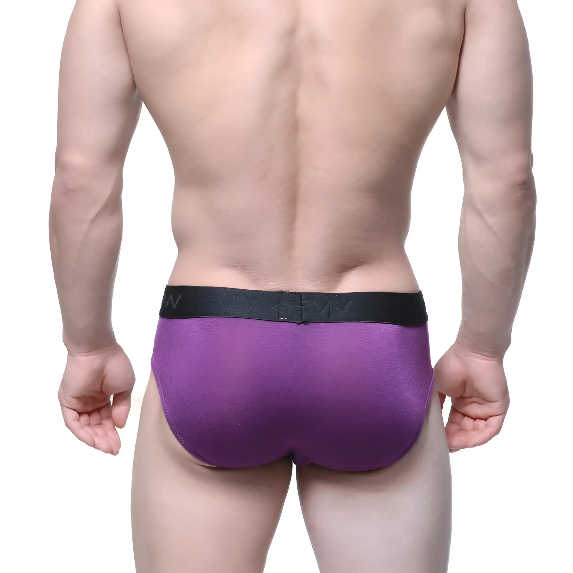 Purple cotton hip briefs with black elastic waistband featuring men branding from MetroMaleWear grape 3006-19 kit