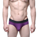 Purple cotton mens hip briefs with black elastic waistband and mean branding from metromalewear grape 3006-19
