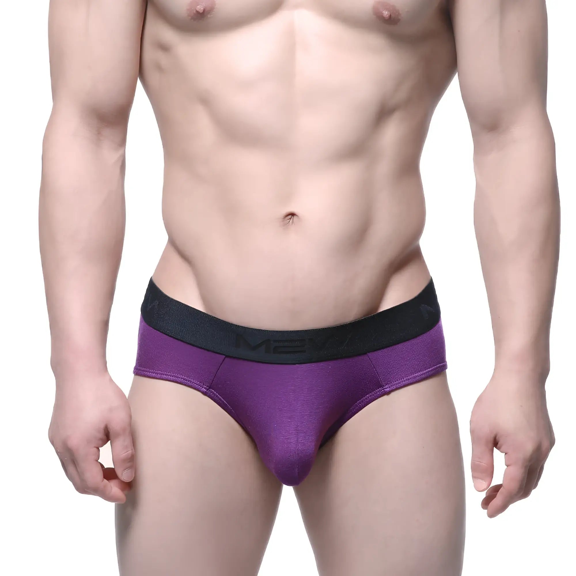 Purple cotton mens hip briefs with black elastic waistband and mean branding from metromalewear grape 3006-19