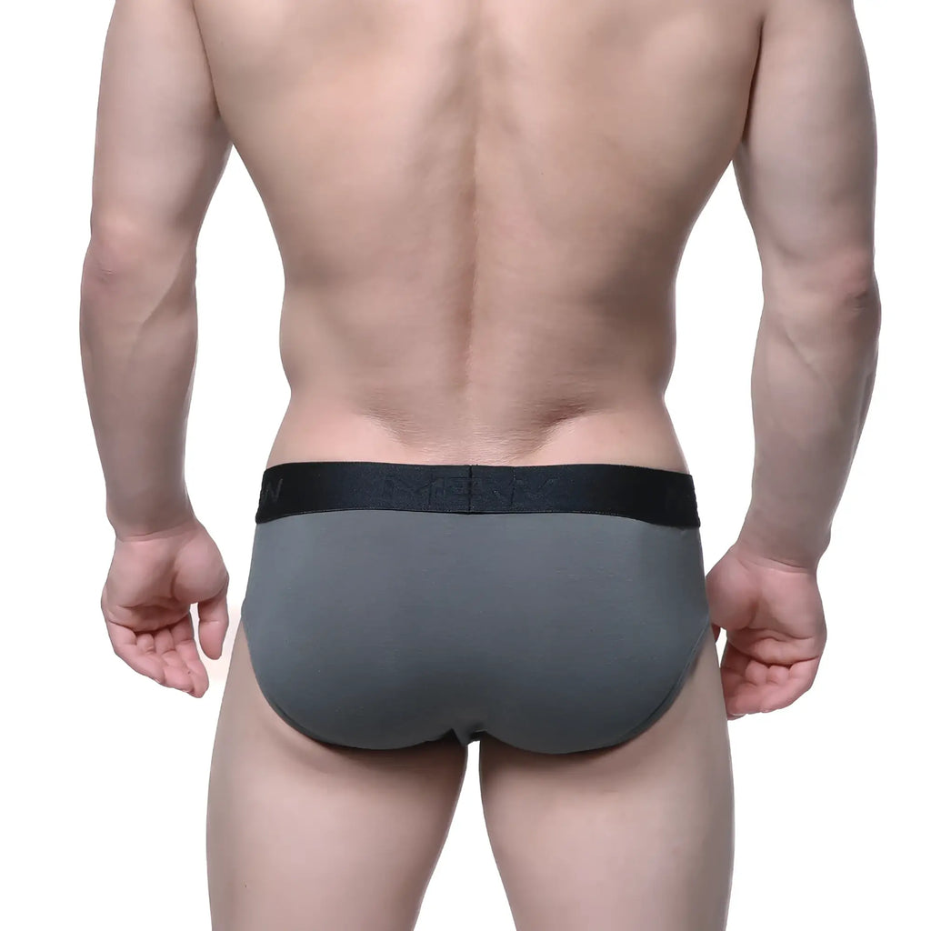 MetroMaleWear cotton gray men’s hip briefs with a black elastic waistband featuring subtle branding
