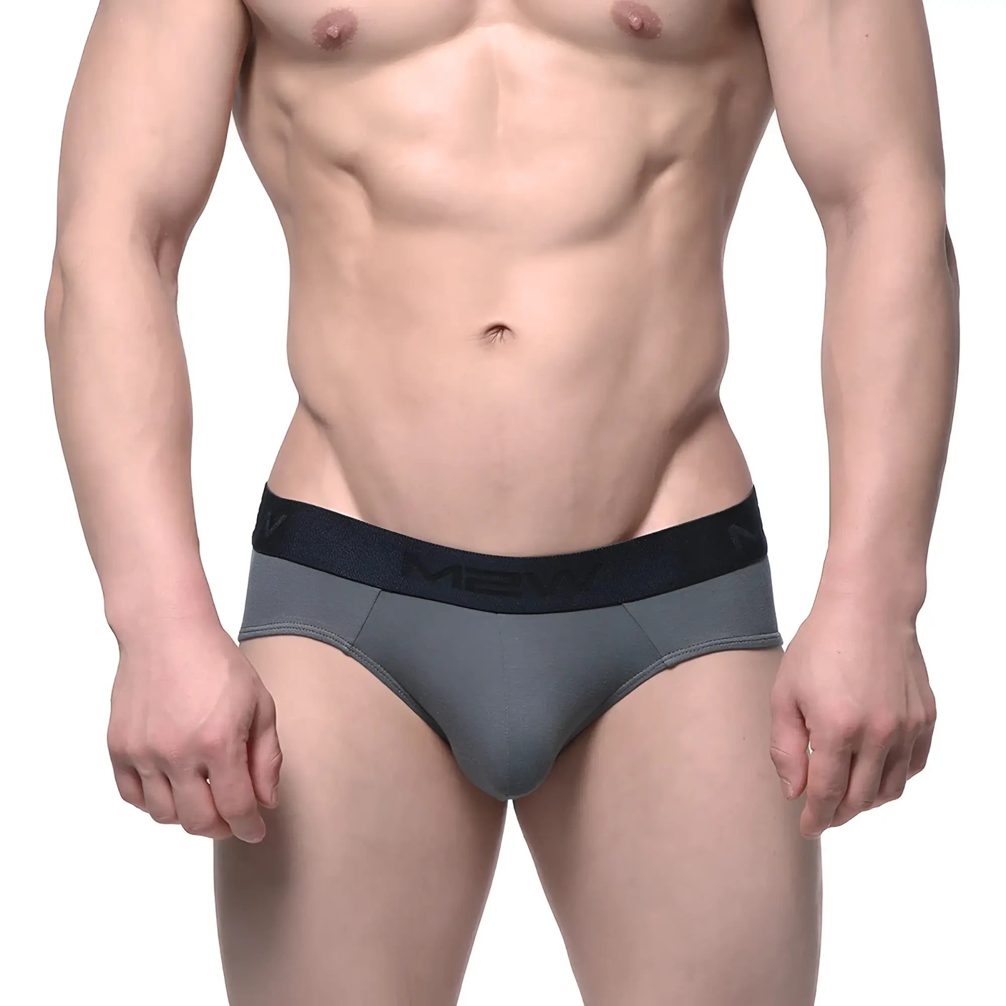 Gray cotton men’s briefs with a black elastic waistband featuring the meny brand logo from MetroMaleWear