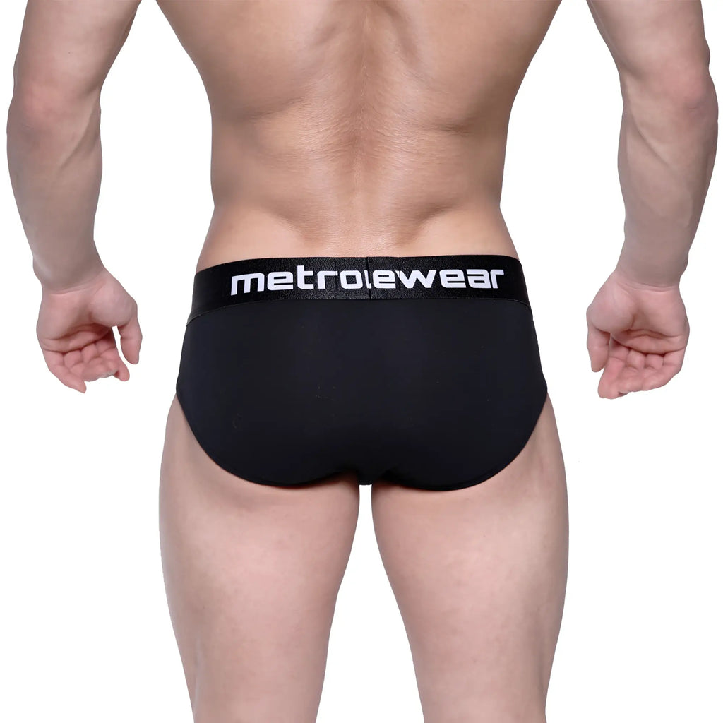 Black cotton metroMaleWear hip briefs with white logo band designed for comfortable everyday use