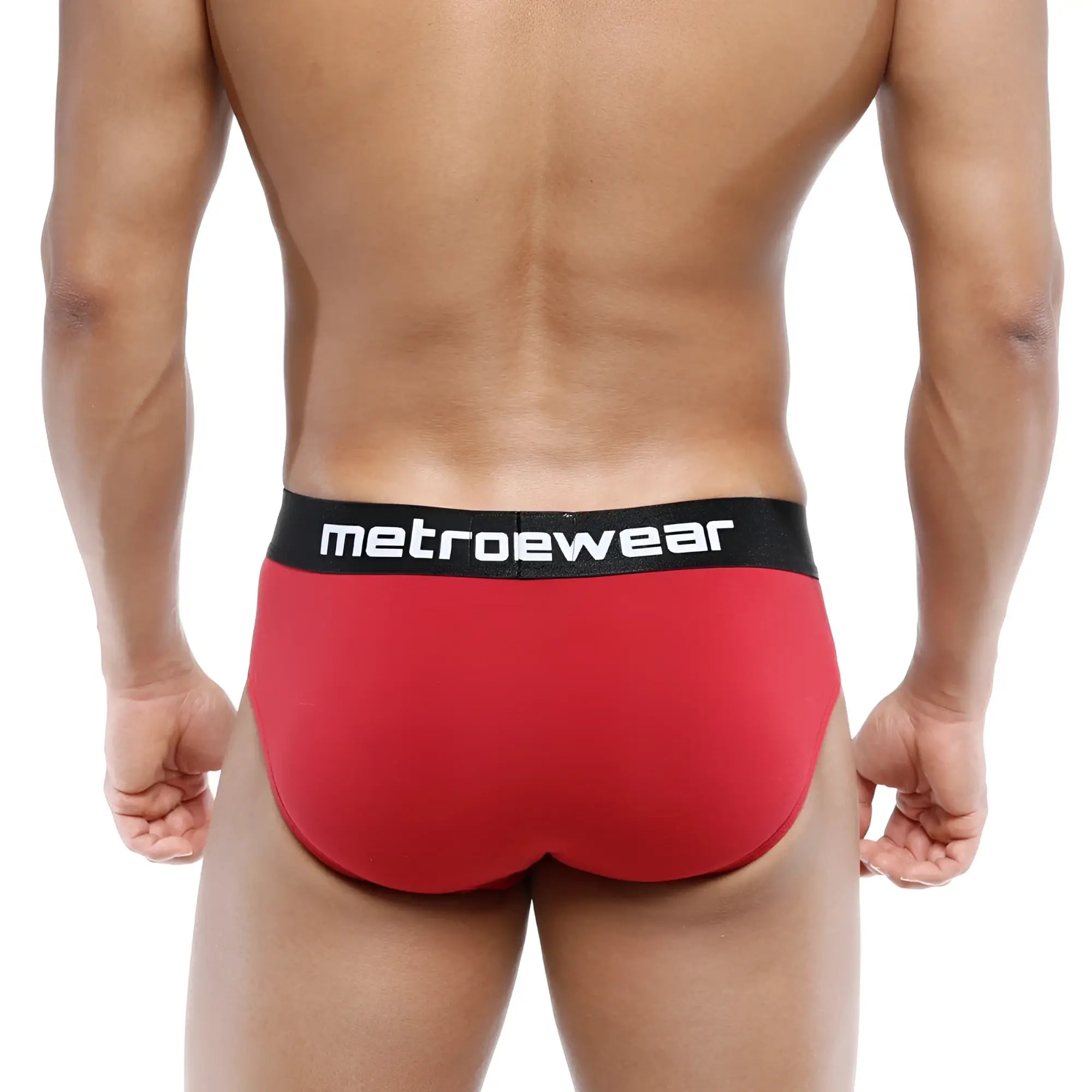 Red metrowear cotton hip briefs in terracotta with a black waistband featuring white lettering front view