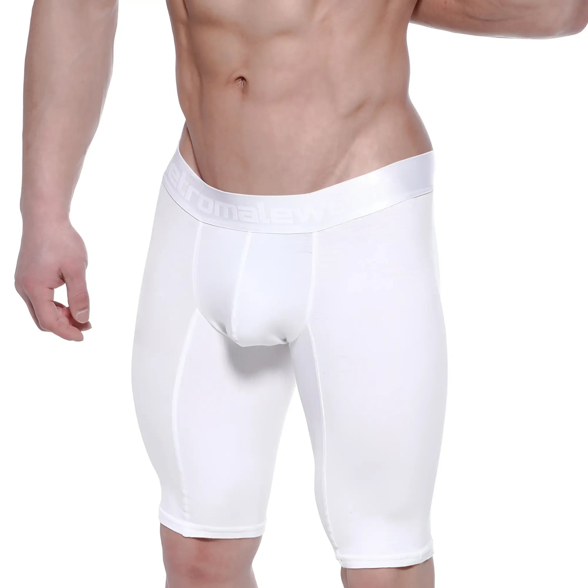 White men’s compression shorts metro male wear cotton long short 15 inch crystal 3024-01 with smooth fabric and waistband branding
