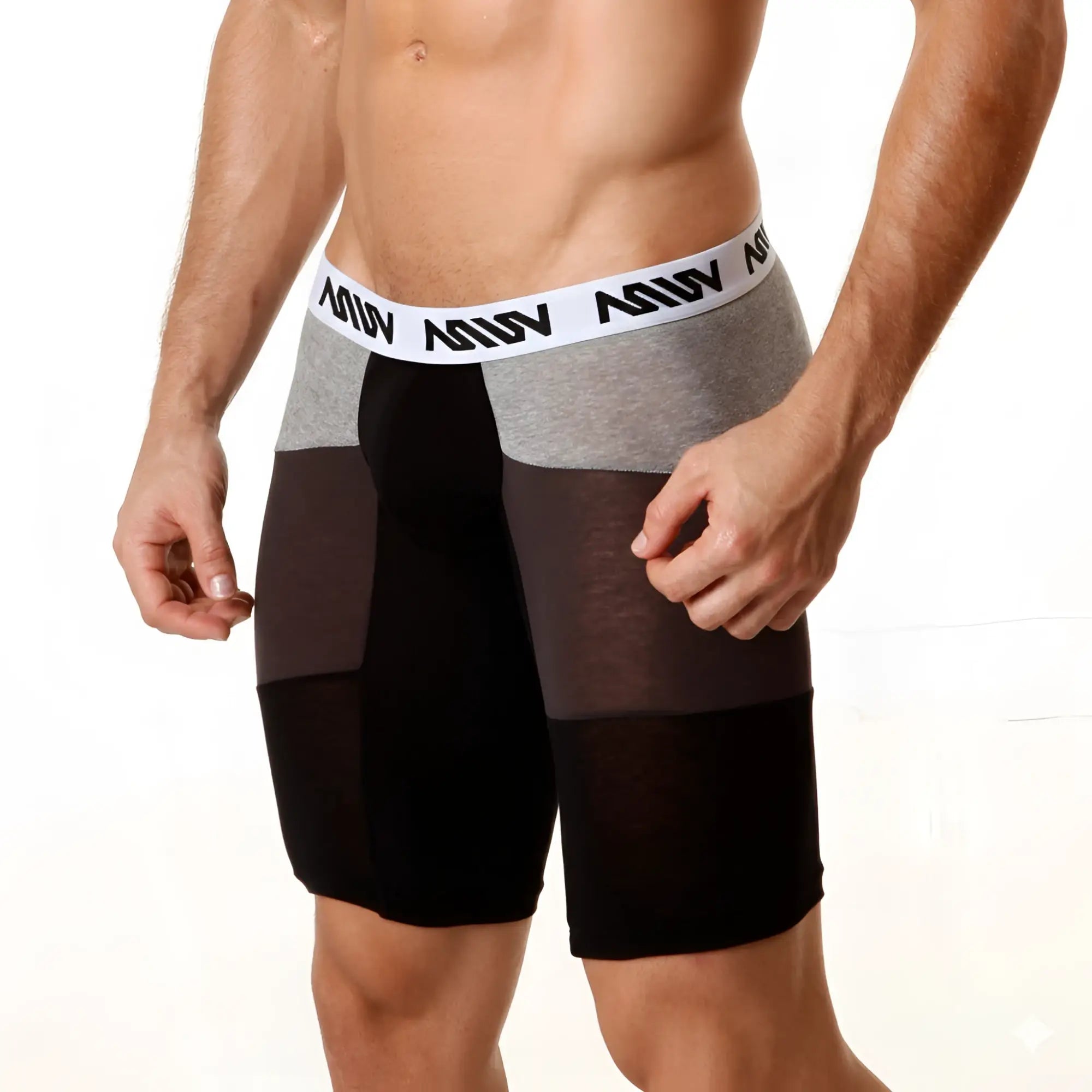 Black and gray cotton athletic boxer briefs with a white adidas waistband metro male wear 15 inch long short