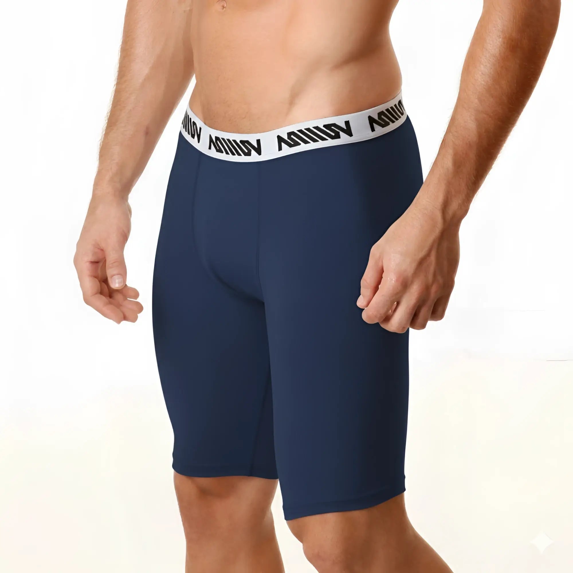 Navy blue cotton athletic briefs with 15 inch long legs and white elastic waistband featuring black metro male wear logo