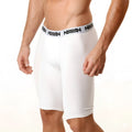 White mens cotton compression shorts with a 15 inch length and black aquav logo band on the waist