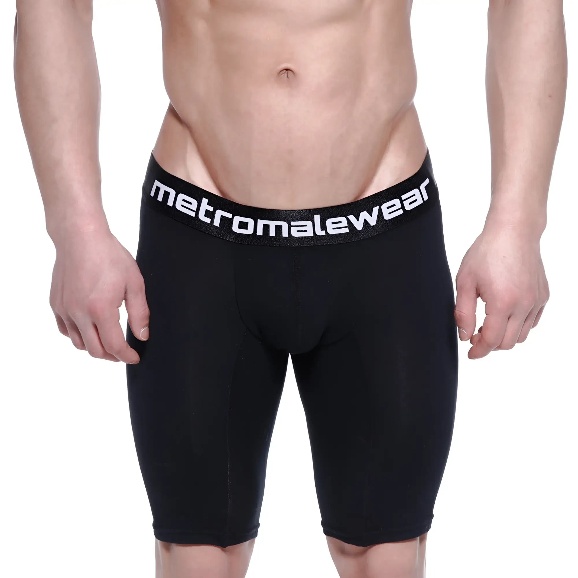 Black metromalewear cotton compression shorts with white logo band intense 15 inch 3024-21 front view