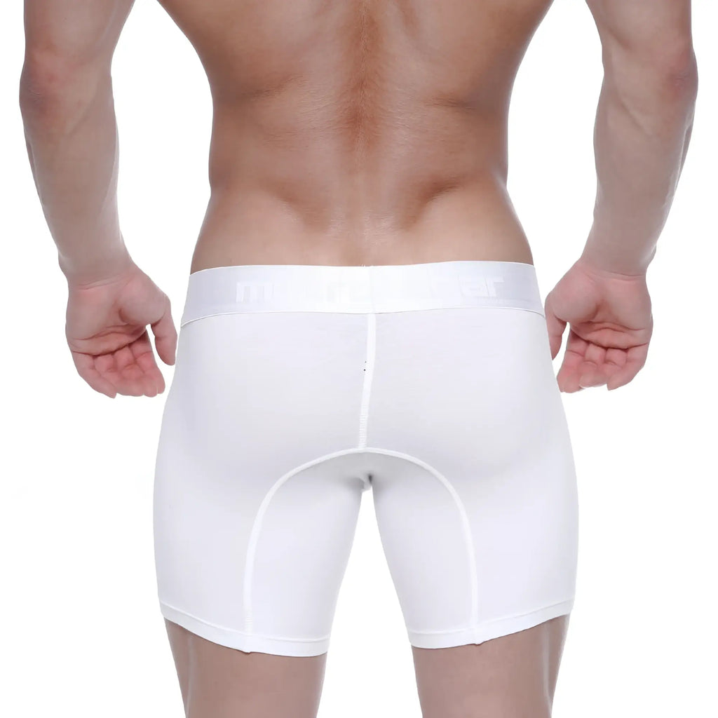 White men’s athletic cotton mid boxer briefs in crystal with snug fit and reinforced seams for active wear