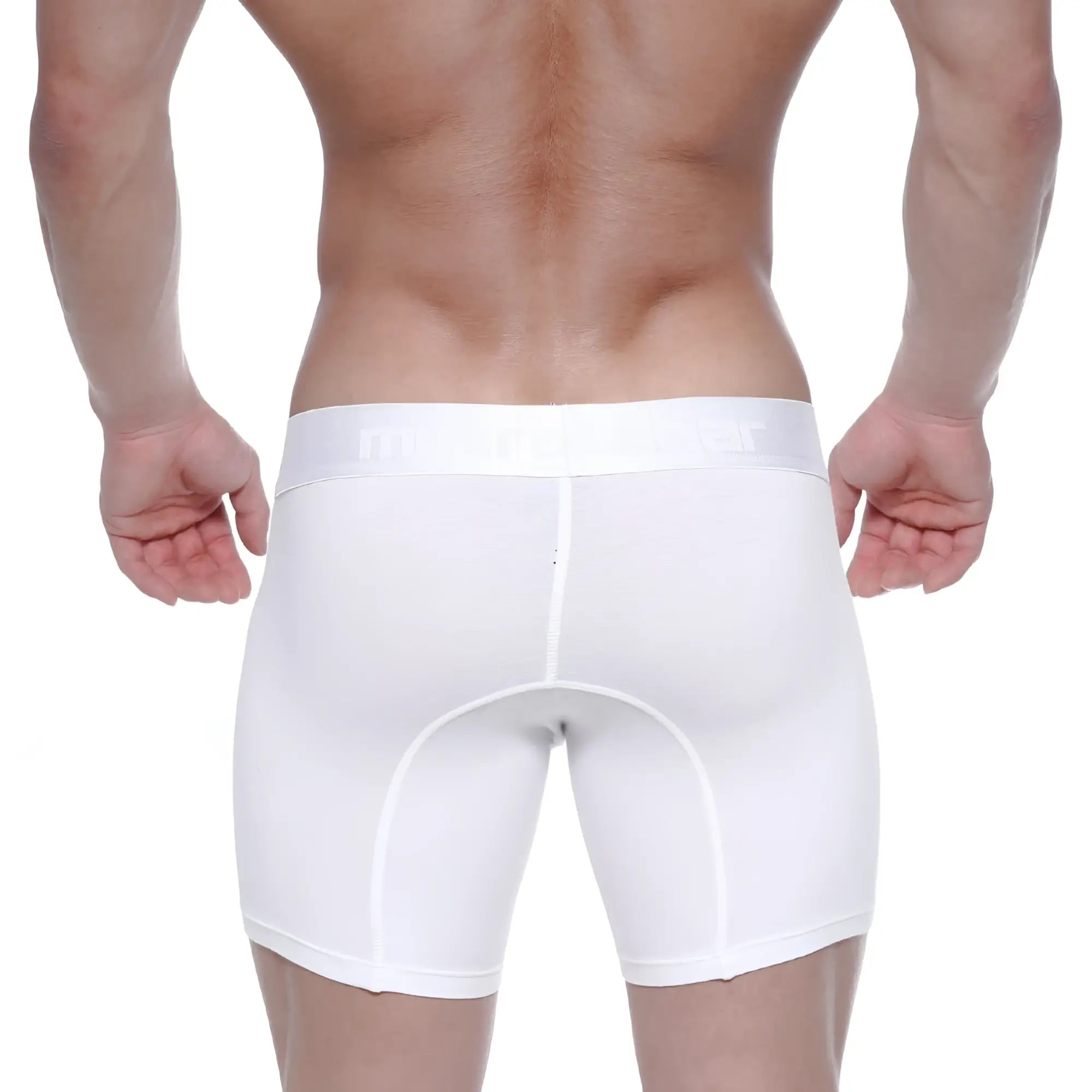 White men’s athletic cotton mid boxer briefs in crystal with snug fit and reinforced seams for active wear