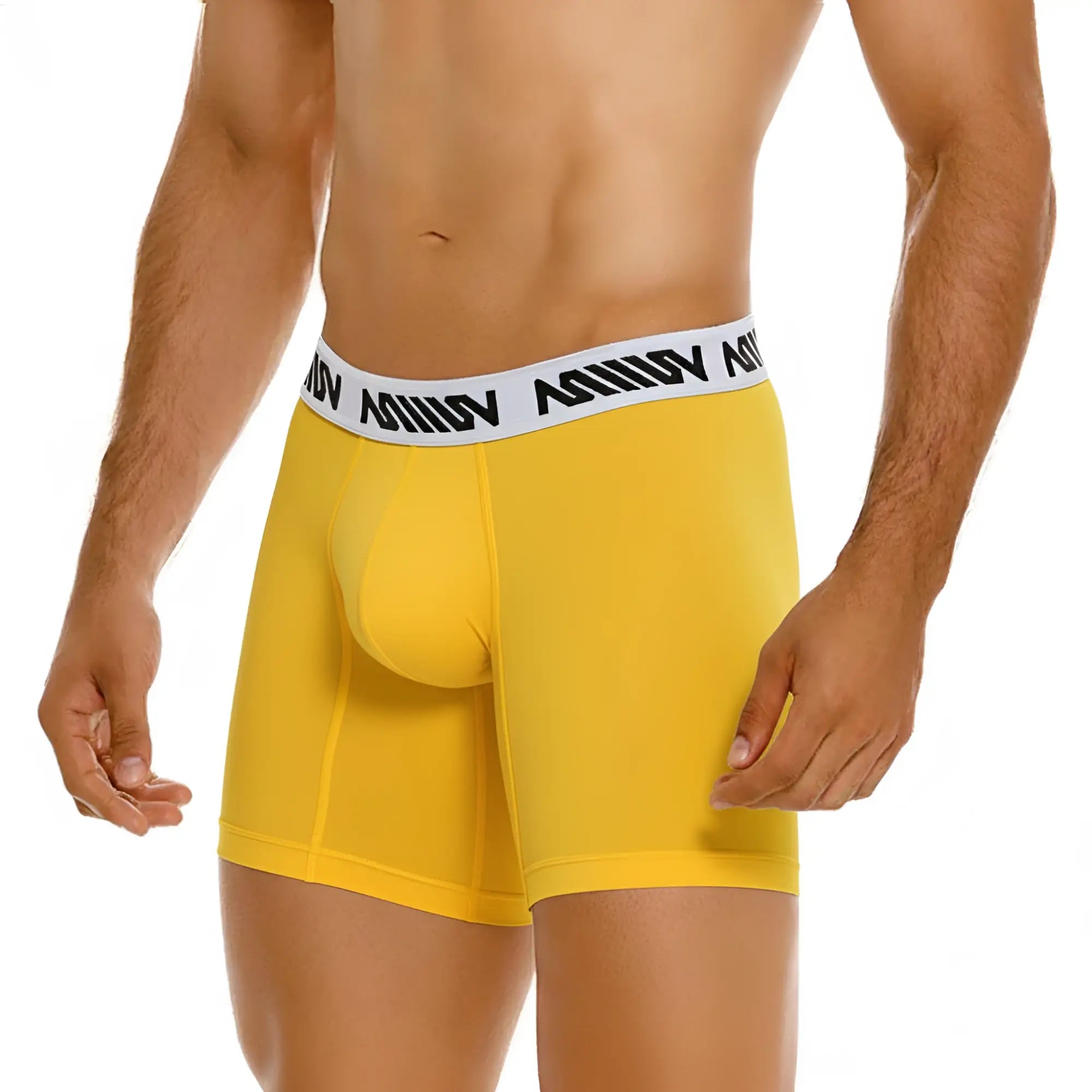 Yellow cotton metroMalewear cotton mid boxer briefs with white waistband and black logo text