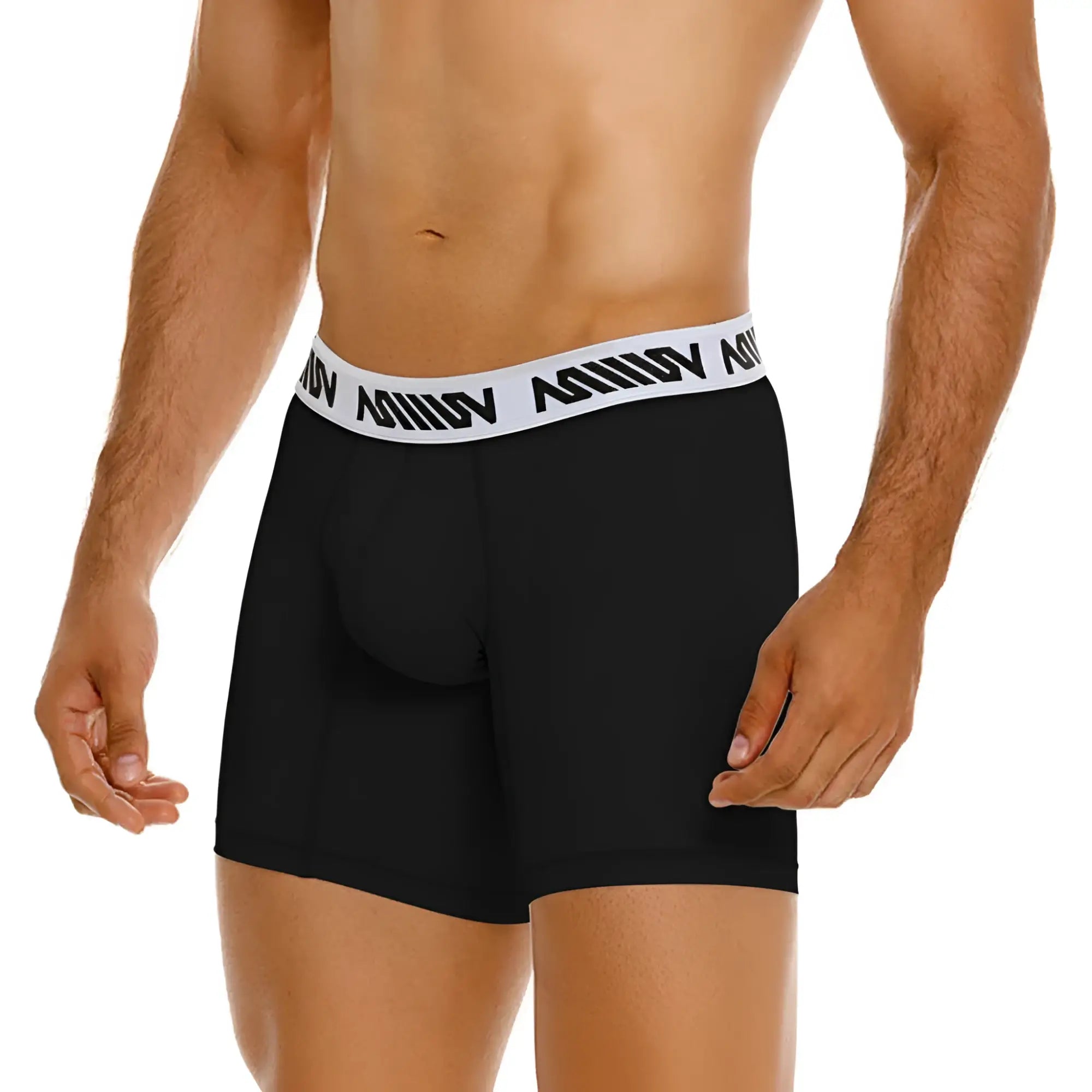Black cotton boxer briefs with 10 inch mid length and white elastic waistband with amin branding by metromalewear