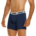 Navy metro male wear cotton mid boxer briefs with 10 inch inseam and white waistband featuring black logo text