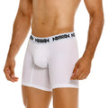 White mens cotton boxer briefs with a black amin logo band metro malewear cotton mid boxer 10 inch white 3023-00