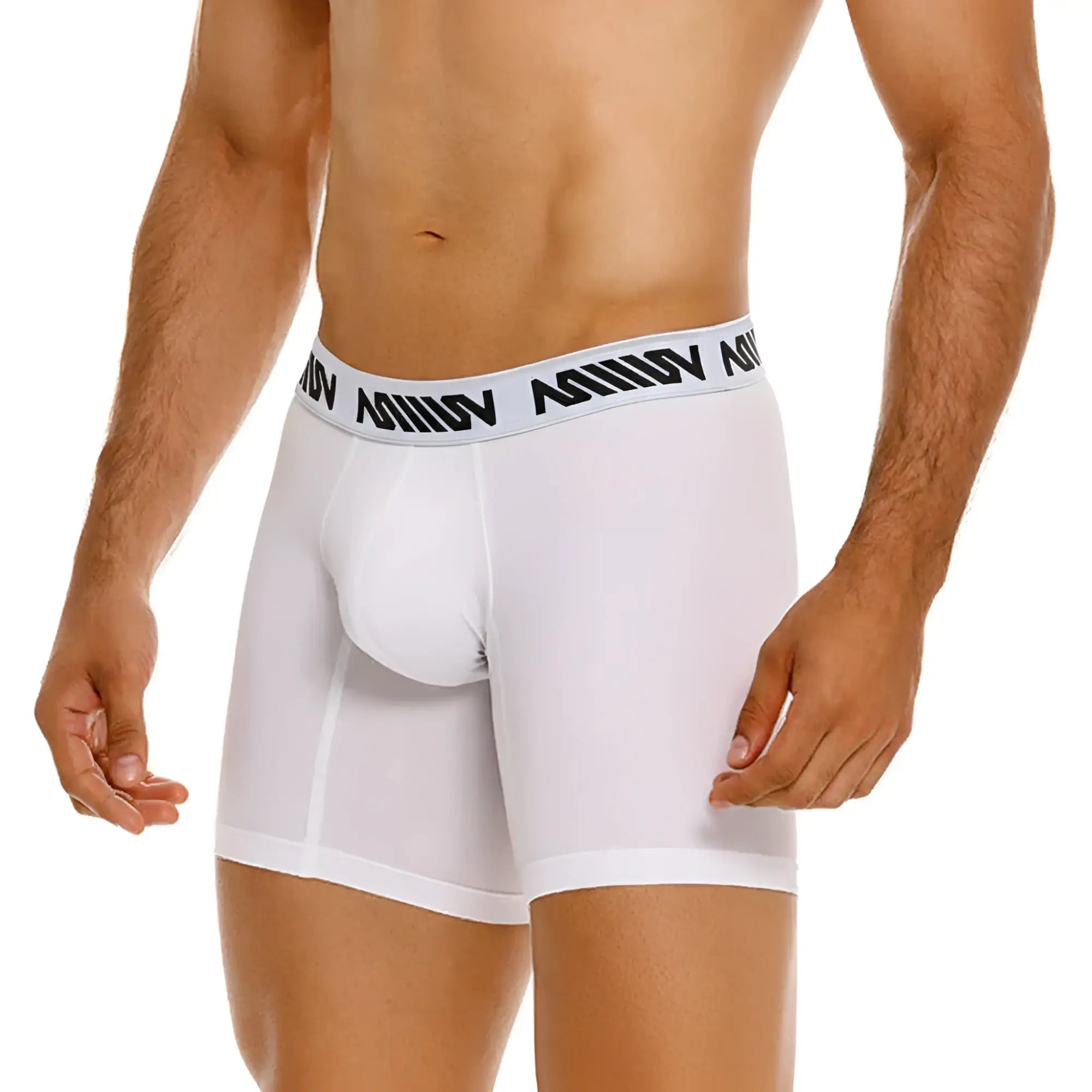 White mens cotton boxer briefs with a black amin logo band metro malewear cotton mid boxer 10 inch white 3023-00