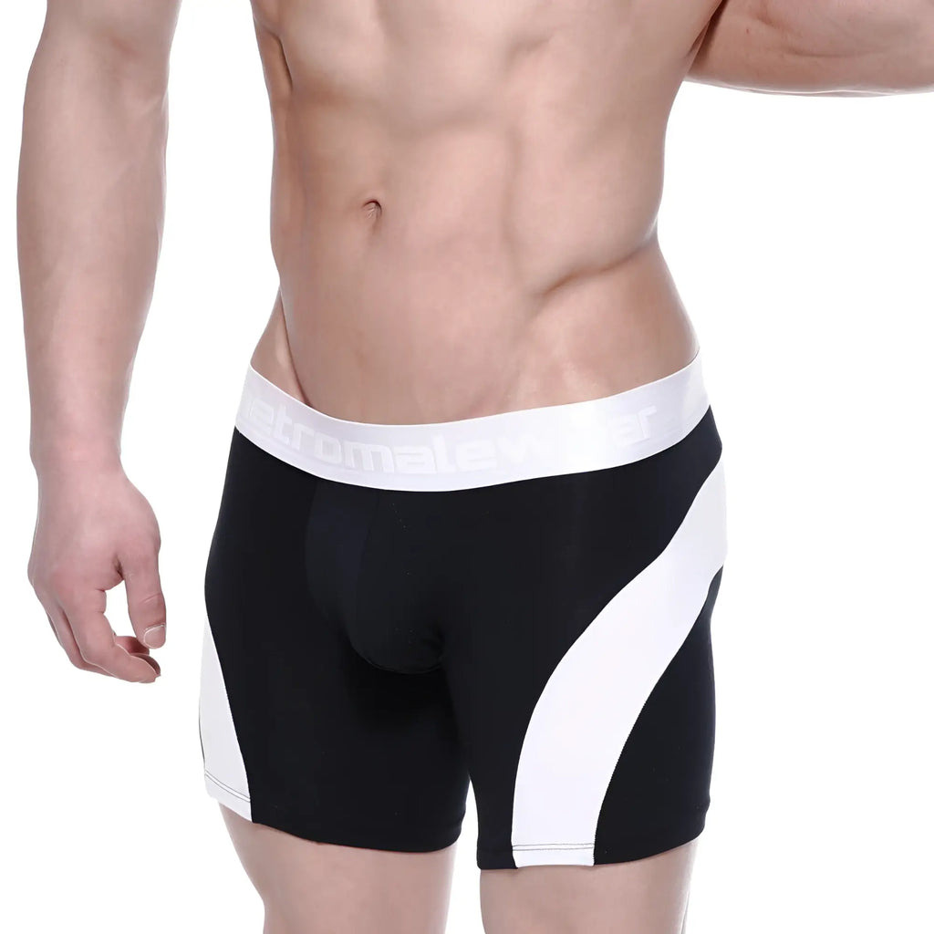 Black and white cotton mid boxer briefs with bold diagonal stripes and a sleek form fitting design by MetroMaleWear
