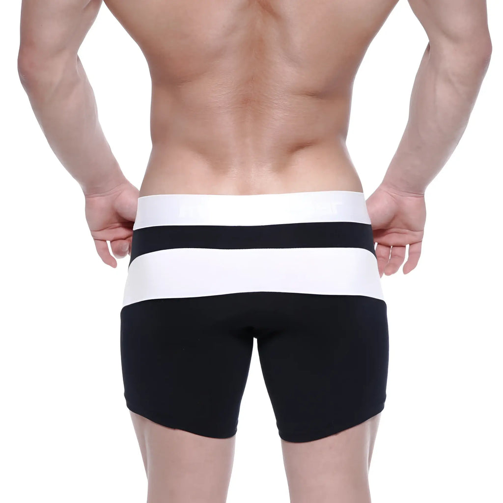 Black and white striped cotton metroMalewear mid boxer arc 10 inch athletic shorts with snug form-fitting design
