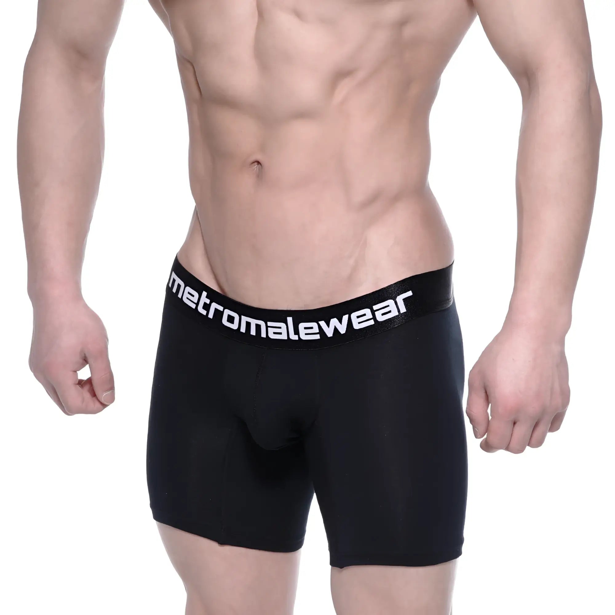 Black mens cotton mid boxer briefs with white metromalewear logo on waistband intense 10 inch design