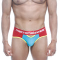 Red and blue cotton men’s briefs with yellow trim and metromalewear logo on red waistband metroMalewear 9003-40