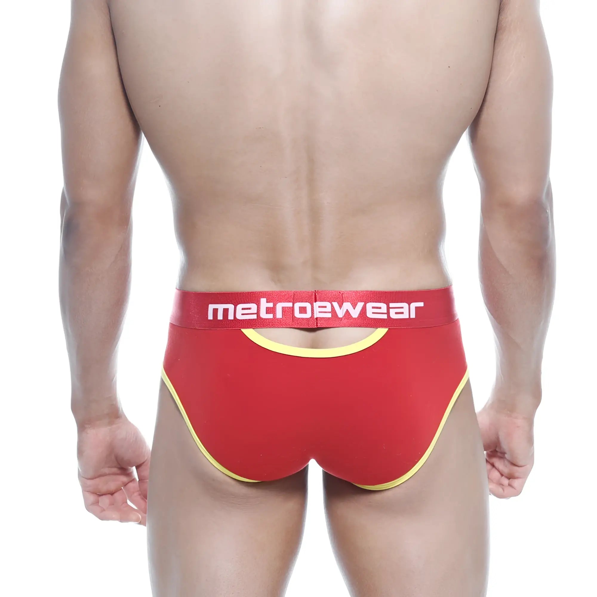 Red metrowear cotton open briefs with yellow trim and white logo on waistband model 9003-40 front view