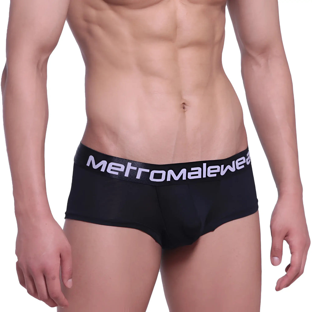 Black mens cotton pouch boxer briefs in black with white metromalewear logo on waistband metro male wear 3013-20